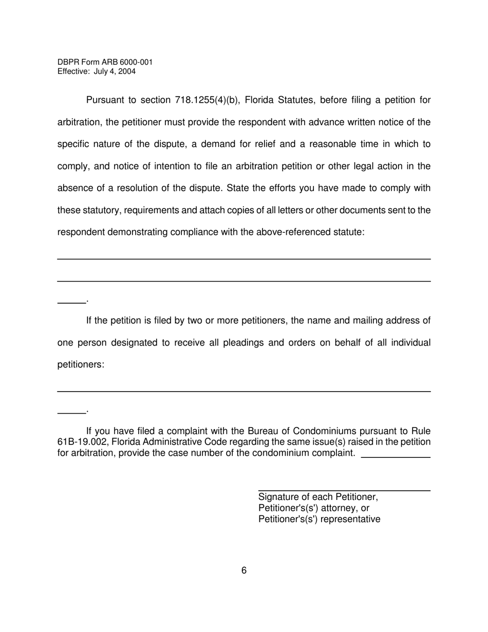 DBPR Form ARB6000-001 Mandatory Non-binding Petition Form - Florida, Page 6