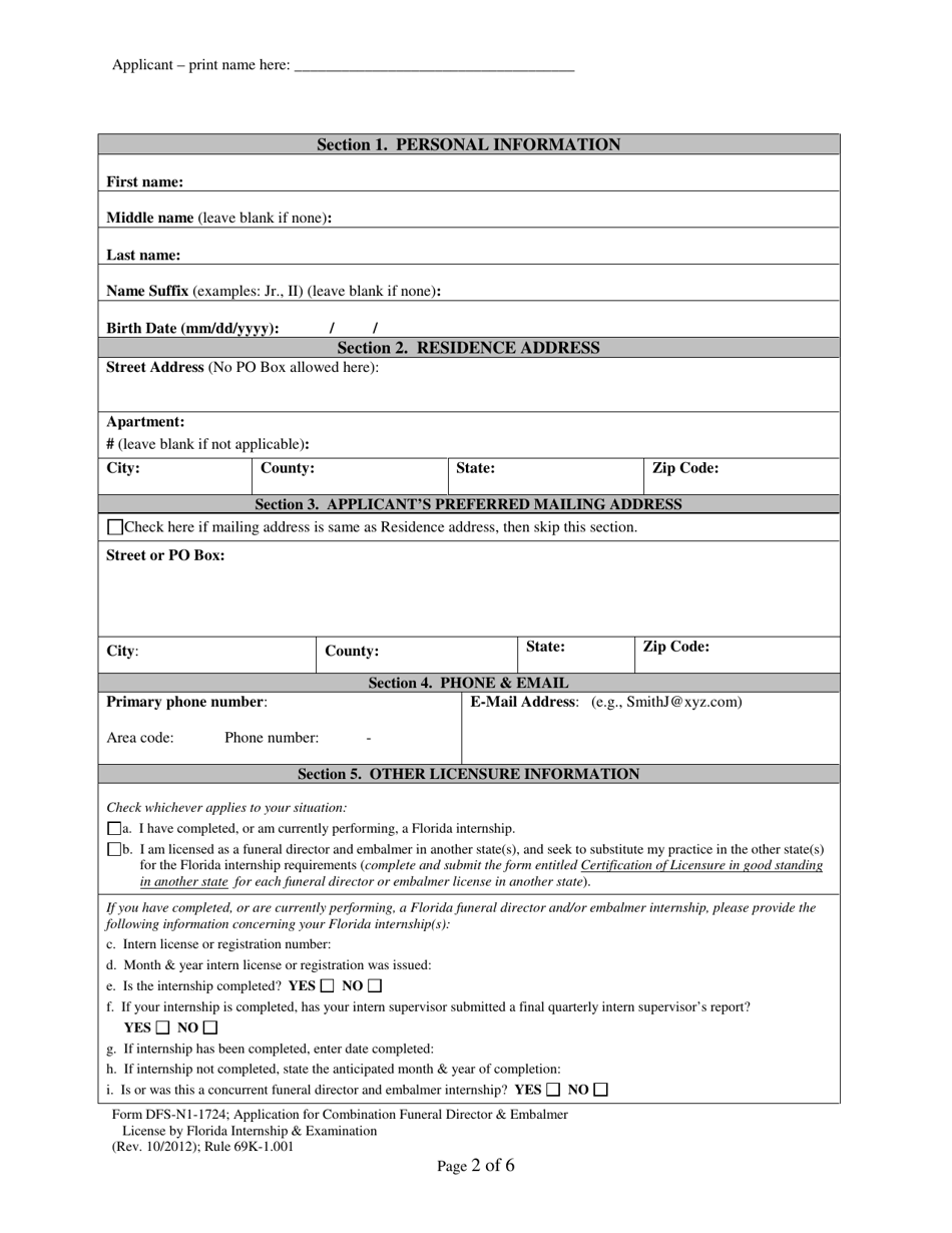 Form DFS-N1-1724 Application for Combination Funeral Director  Embalmer License by Florida Internship  Examination - Florida, Page 2