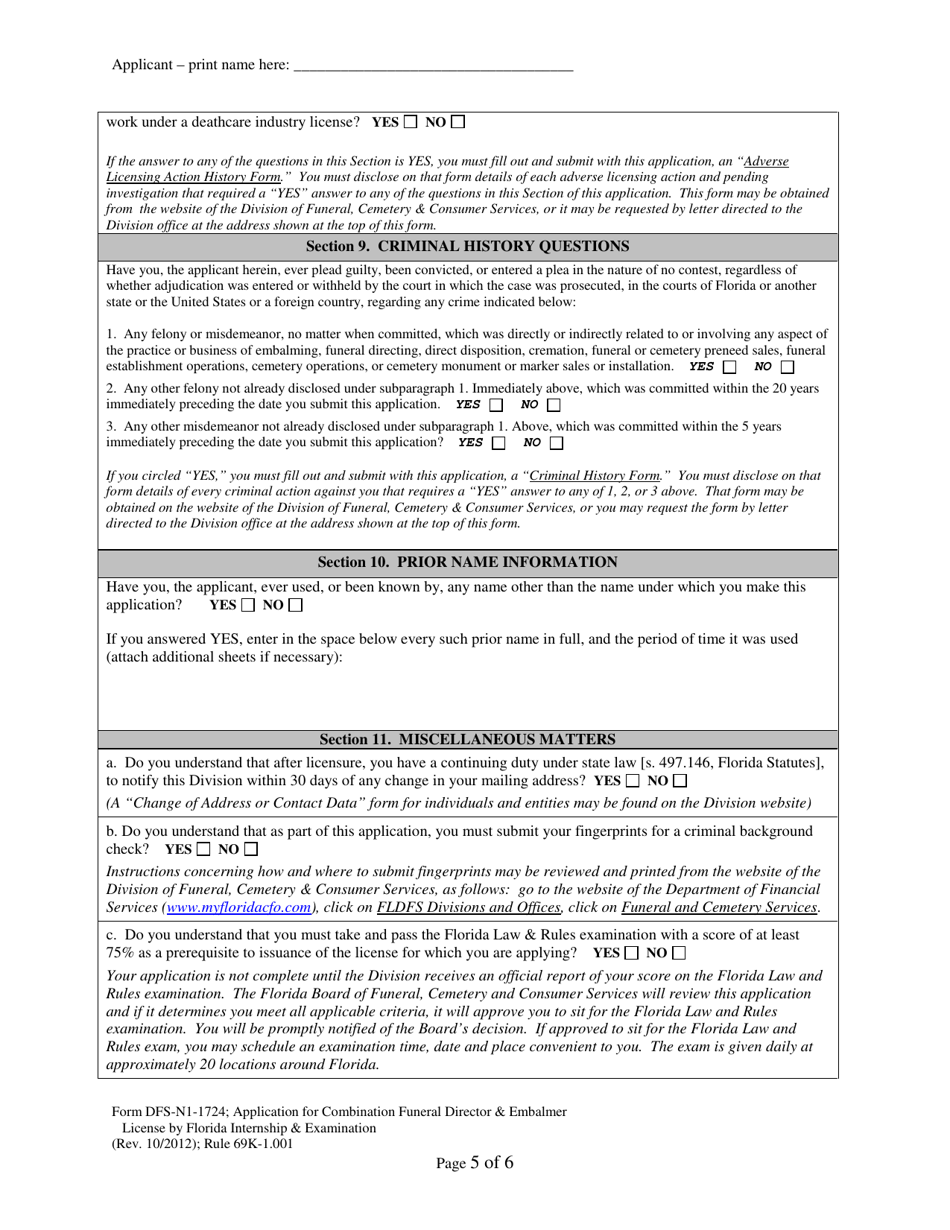 Form DFS-N1-1724 Application for Combination Funeral Director  Embalmer License by Florida Internship  Examination - Florida, Page 5