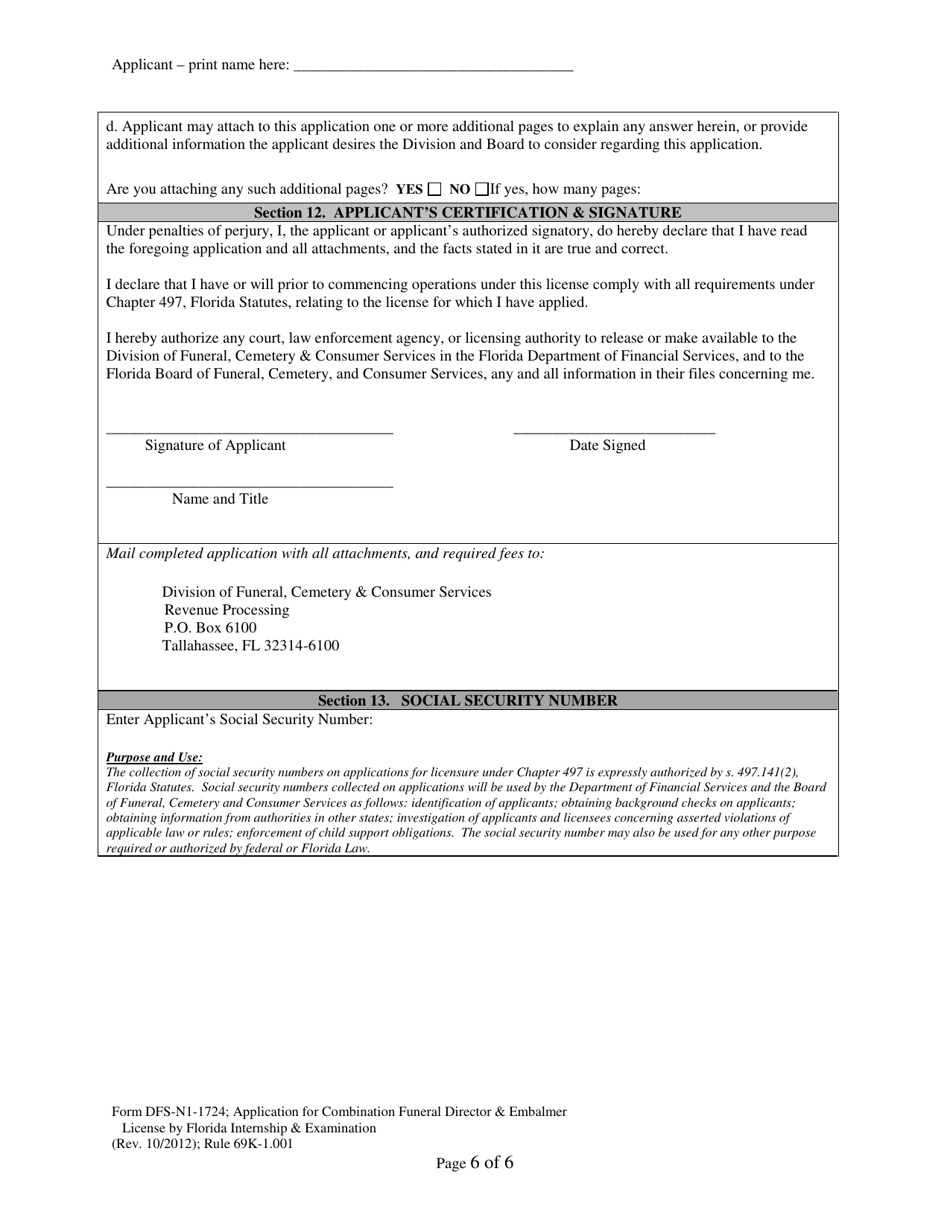 Form DFS-N1-1724 Application for Combination Funeral Director  Embalmer License by Florida Internship  Examination - Florida, Page 6
