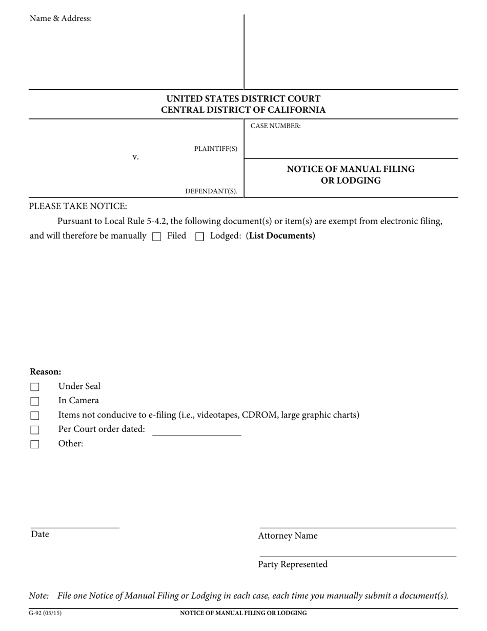 Form G-92 Notice of Manual Filing or Lodging - California, Page 1