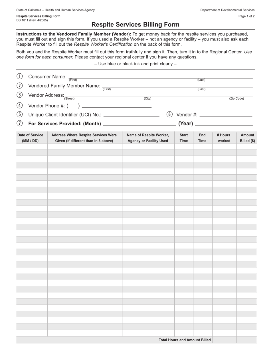 Form DS1811 Respite Services Billing Form - California, Page 1