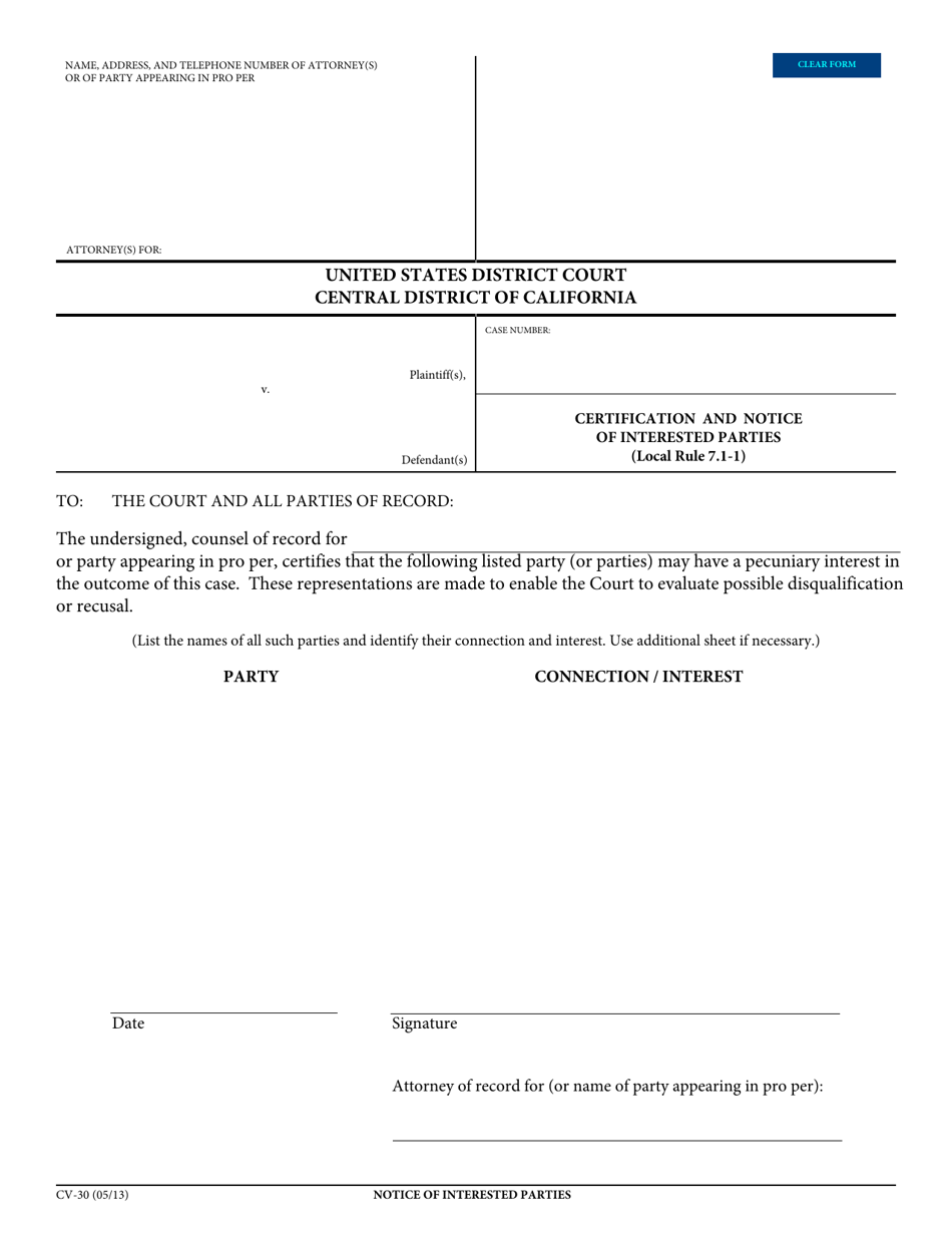 Form CV-30 Certification and Notice of Interested Parties - California, Page 1