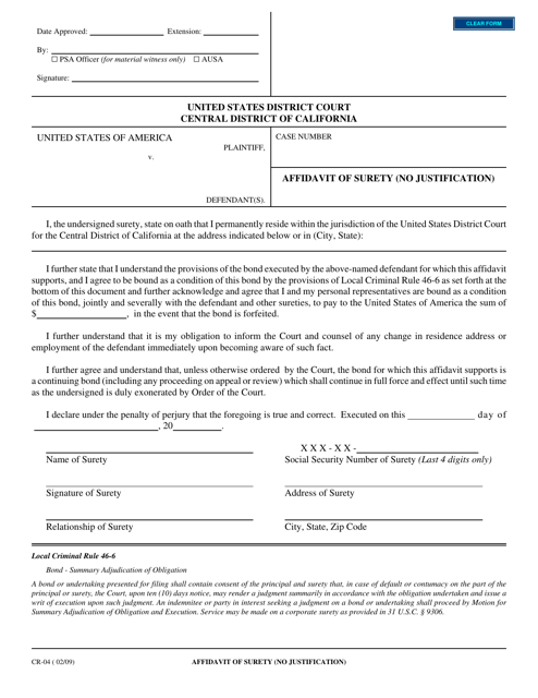 Form CR-04 Affidavit of Surety (No Justification) - California