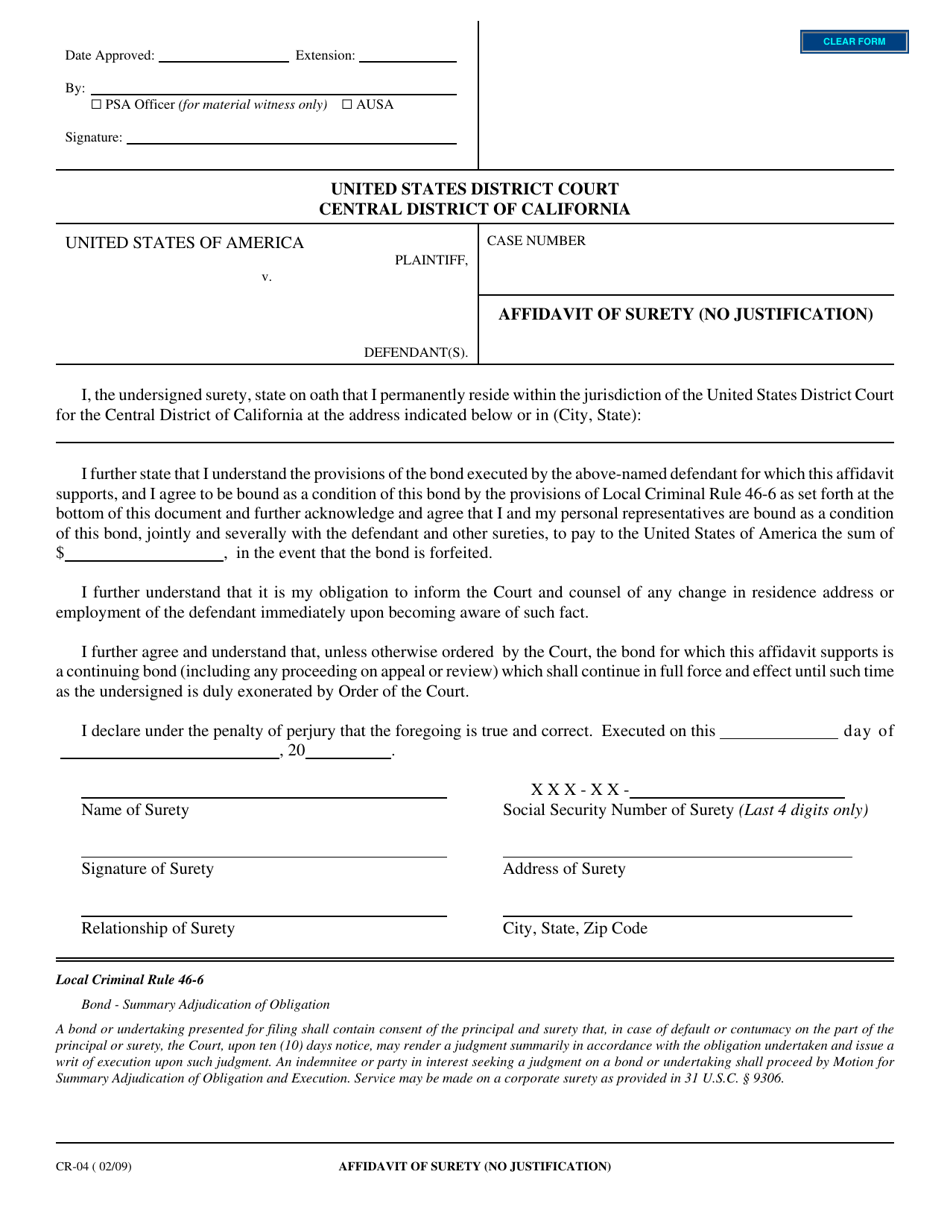 Form CR-04 Affidavit of Surety (No Justification) - California, Page 1