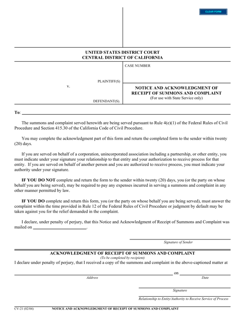 Form CV-21 Notice and Acknowledgment of Receipt of Summons and Complaint - California