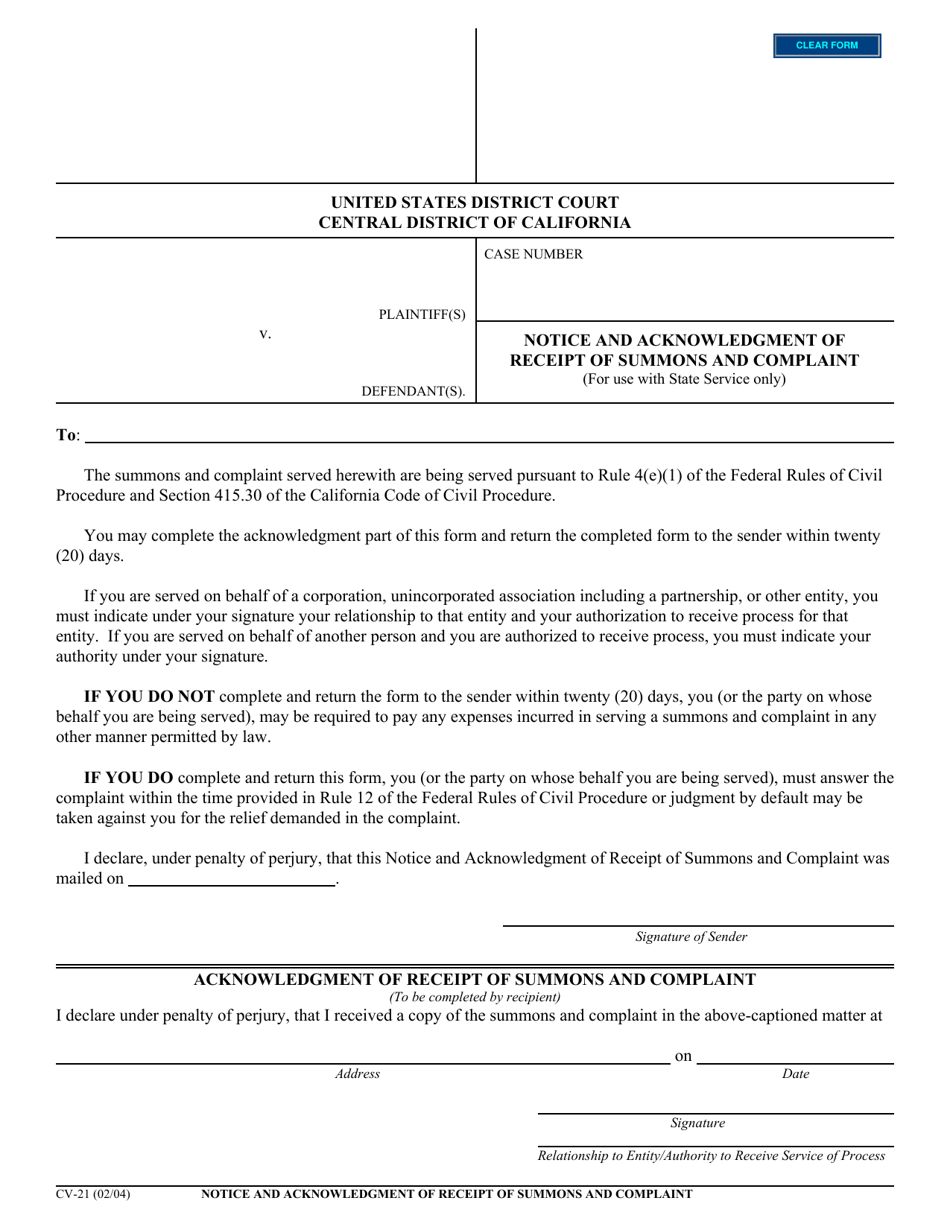 Form CV-21 Notice and Acknowledgment of Receipt of Summons and Complaint - California, Page 1