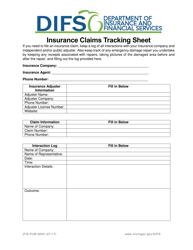 Document preview: Form FIS-PUB6000 Insurance Claims Tracking Sheet - Michigan