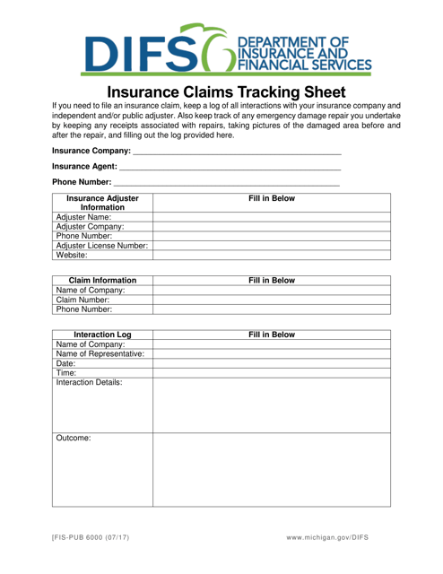 Form FIS-PUB6000 Insurance Claims Tracking Sheet - Michigan