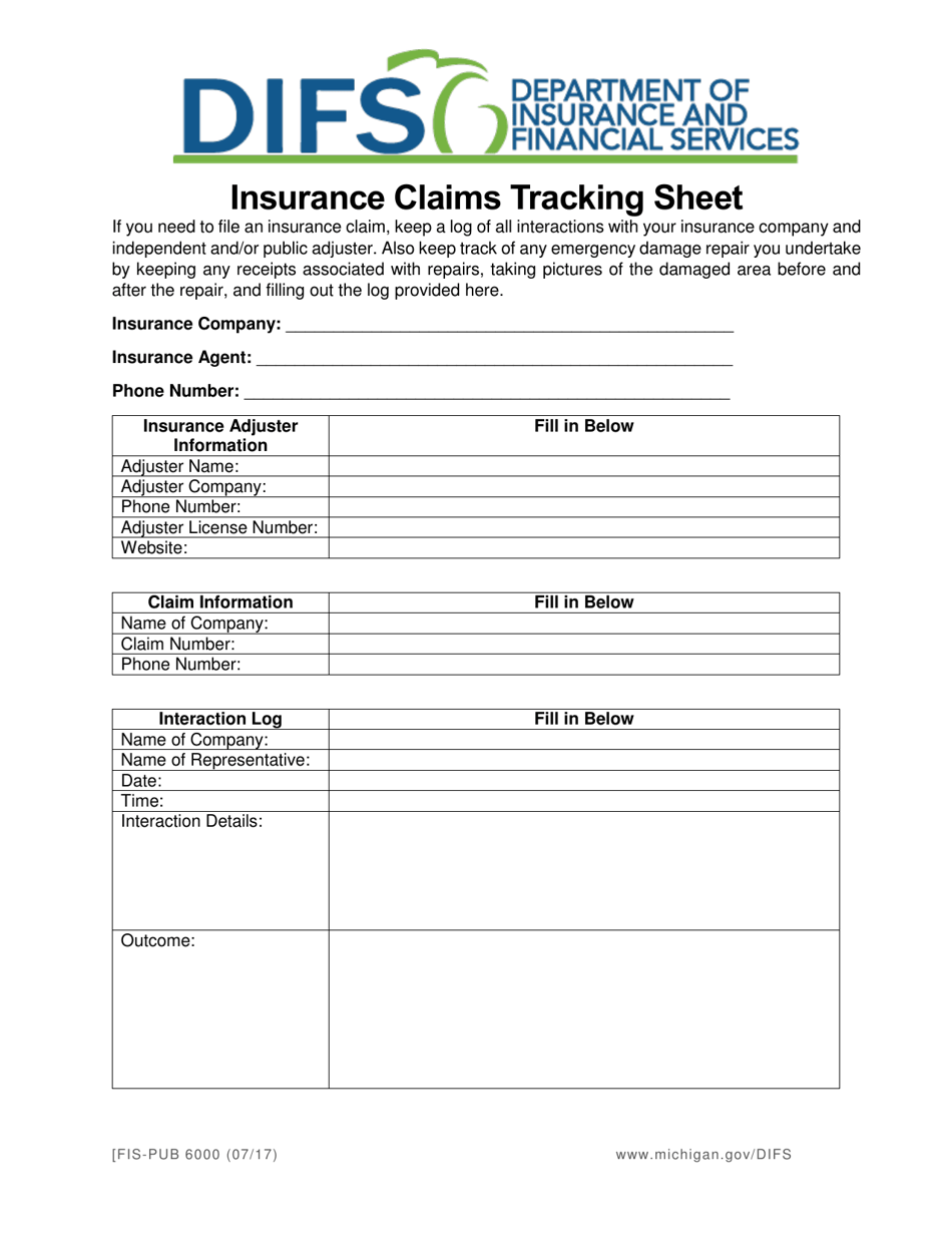 Form FIS-PUB6000 Insurance Claims Tracking Sheet - Michigan, Page 1
