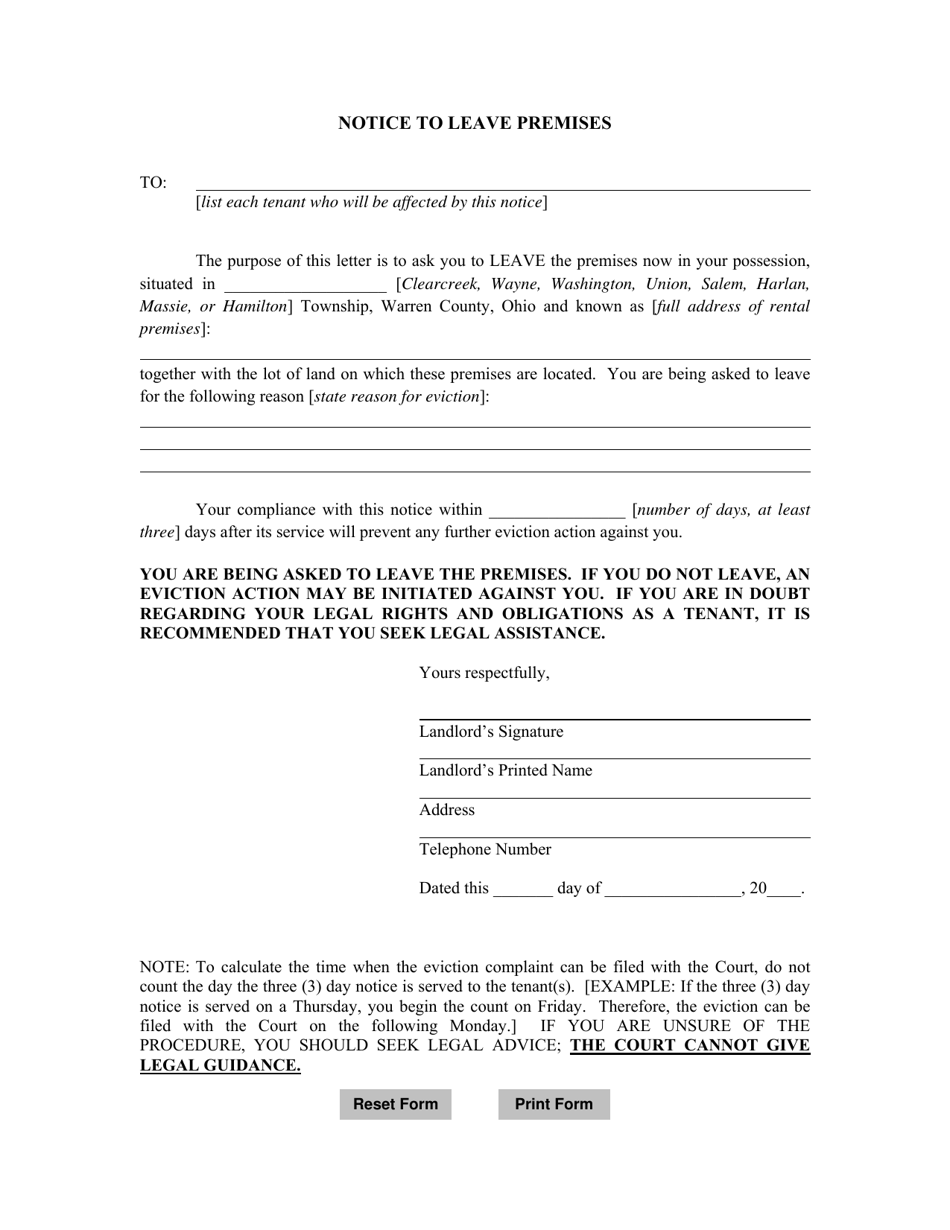 Warren County, Ohio Notice To Leave Premises - Fill Out, Sign Online 