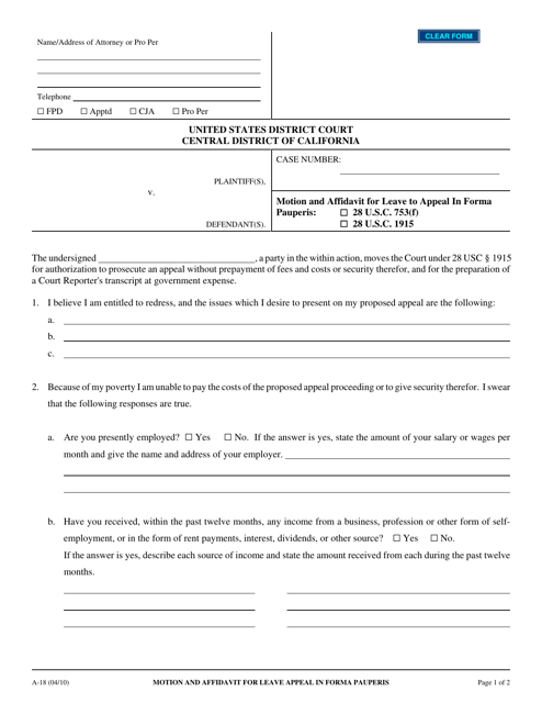 Form A-18 Motion and Affidavit for Leave Appeal in Forma Pauperis - California