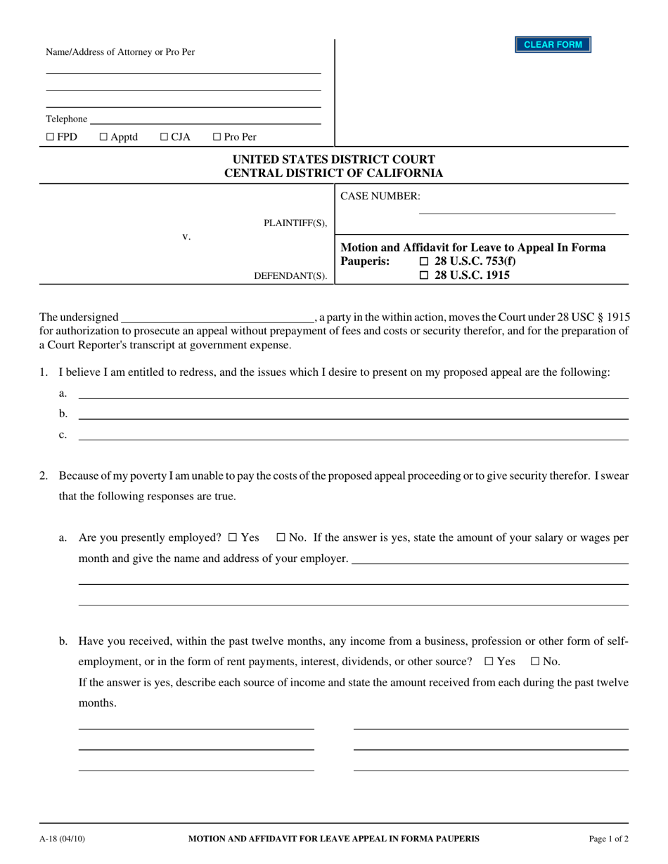 Form A-18 Motion and Affidavit for Leave Appeal in Forma Pauperis - California, Page 1