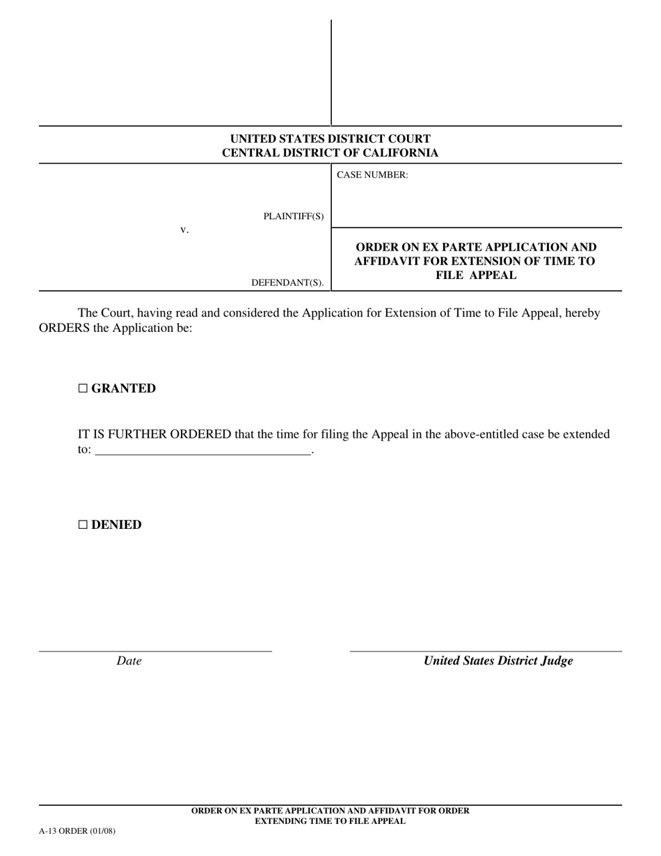 Form A-13 ORDER Order on Ex Parte Application and Affidavit for Extension of Time to File Appeal - California, Page 1