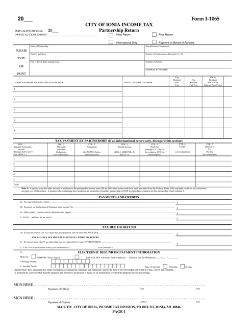 Form I-1065 Income Tax Partnership Return - City of Ionia, Michigan