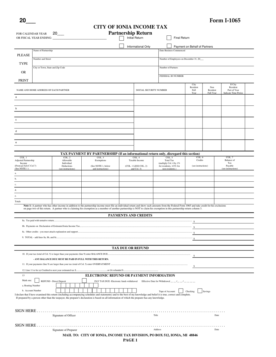 Form I-1065 Income Tax Partnership Return - City of Ionia, Michigan, Page 1