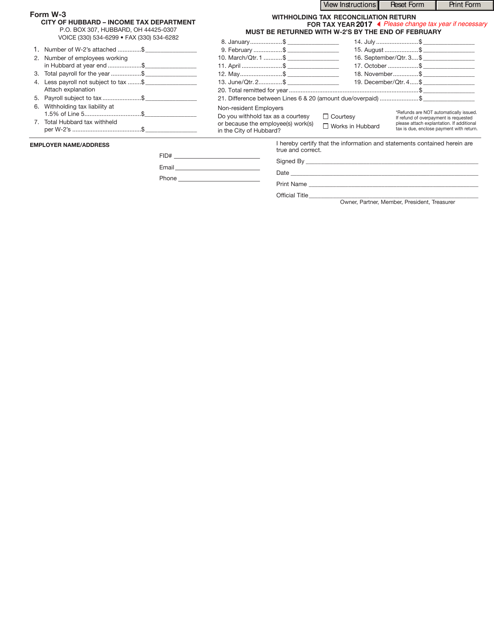 Form W-3 Withholding Tax Reconciliation Return - City of Hubbard, Ohio
