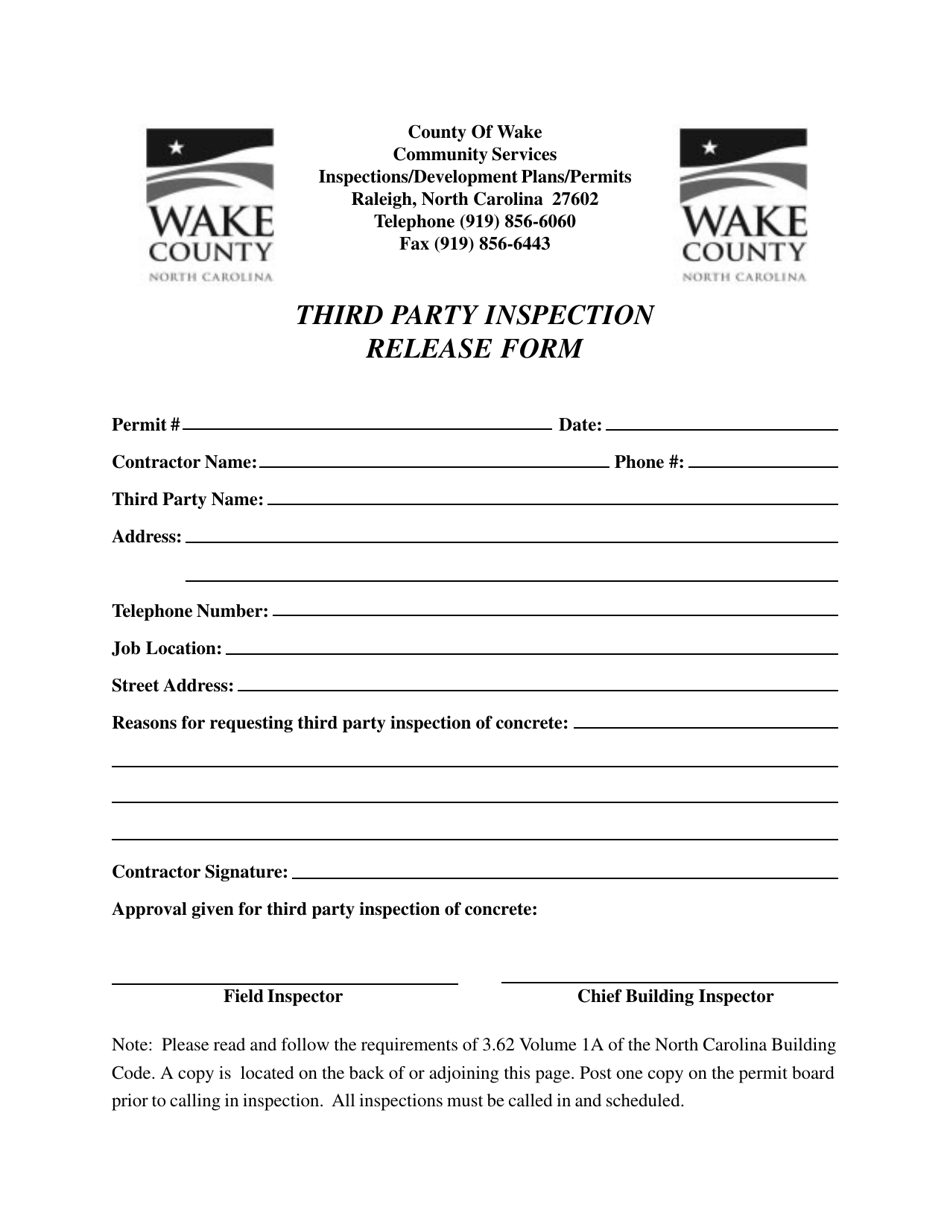 Third Party Inspection Release Form - Wake County, North Carolina, Page 1