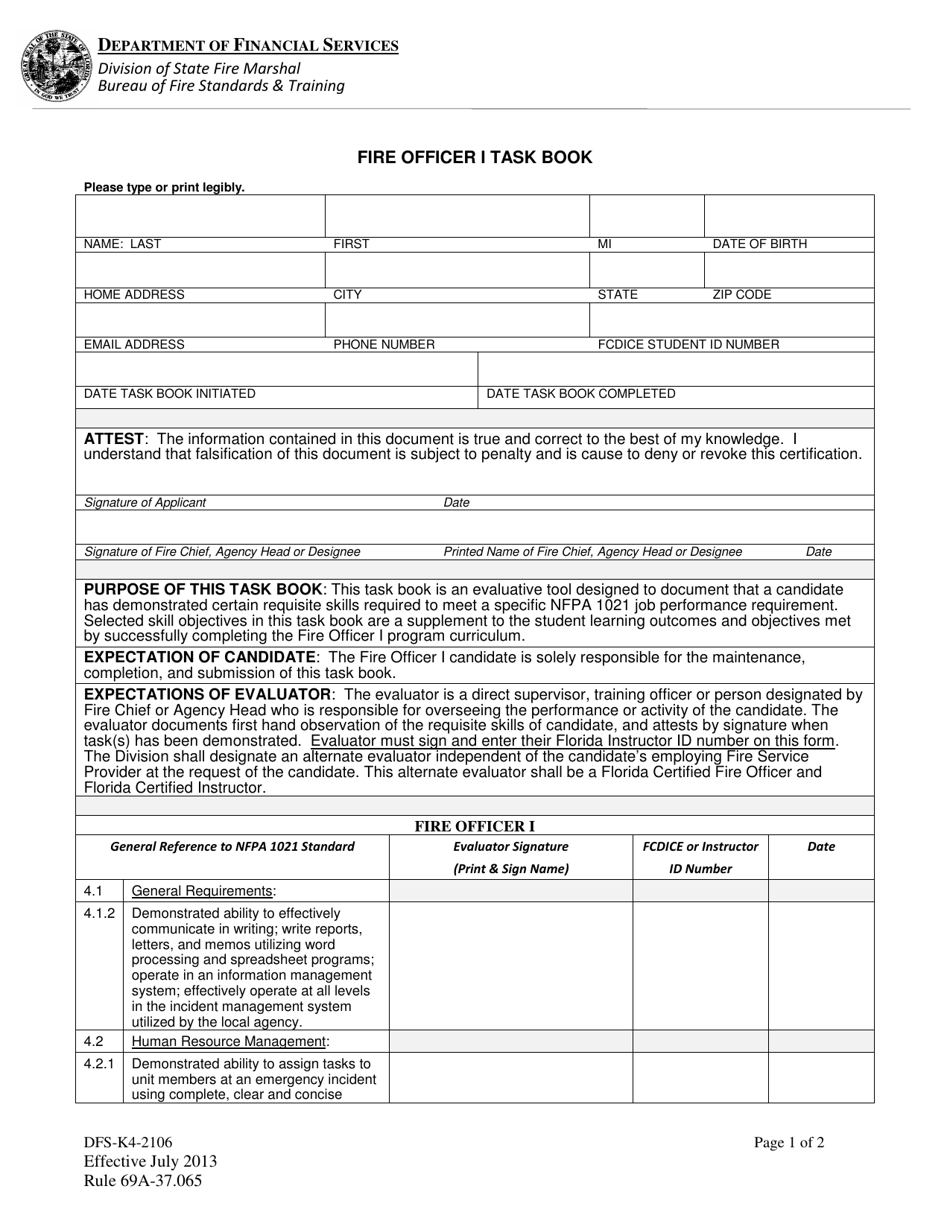 Form DFS-K4-2106 Fire Officer I Task Book - Florida, Page 1
