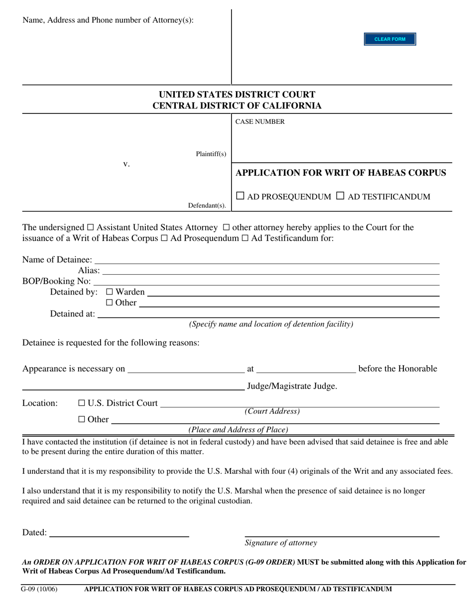 Form G-09 Application for Writ of Habeas Corpus Ad Prosequendum / Ad Testificandum - California, Page 1