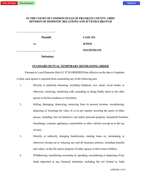 Document preview: Form eDR3006 Standard Mutual Temporary Restraining Order - Franklin County, Ohio