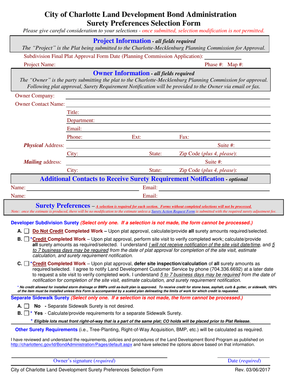 Surety Preferences Selection Form - City of Charlotte, North Carolina, Page 2