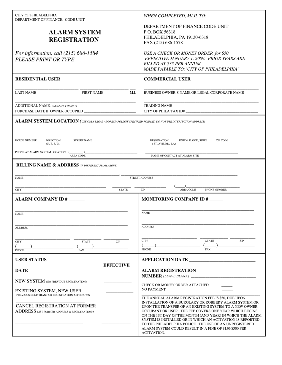 Alarm System Registration - City of Philadelphia, Pennsylvania, Page 1
