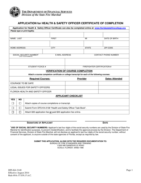Form DFS-K4-2140 Application for Health & Safety Officer Certificate of Completion - Florida