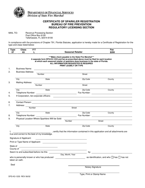 Form DFS-K3-1233 Certificate of Sparkler Registration - Florida