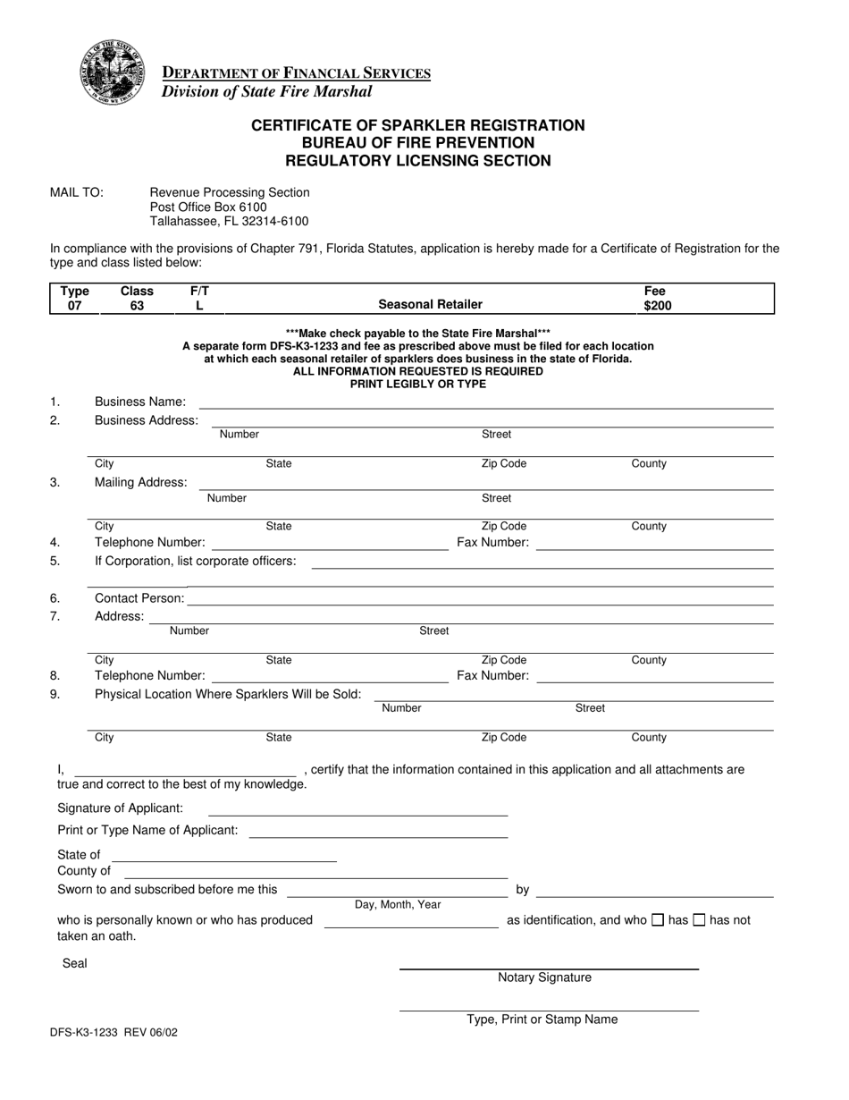 Form DFS-K3-1233 Certificate of Sparkler Registration - Florida, Page 1