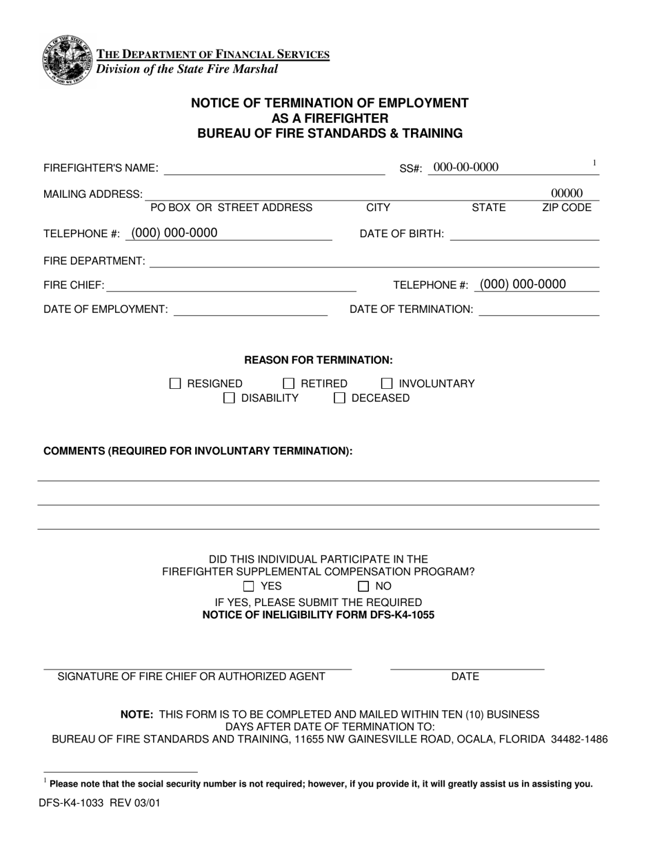Form DFS-K4-1033 Notice of Termination of Employment as a Firefighter - Florida, Page 1
