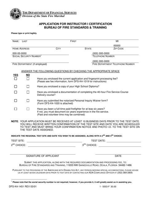 Form DFS-K4-1451 Application for Instructor I Certification - Florida