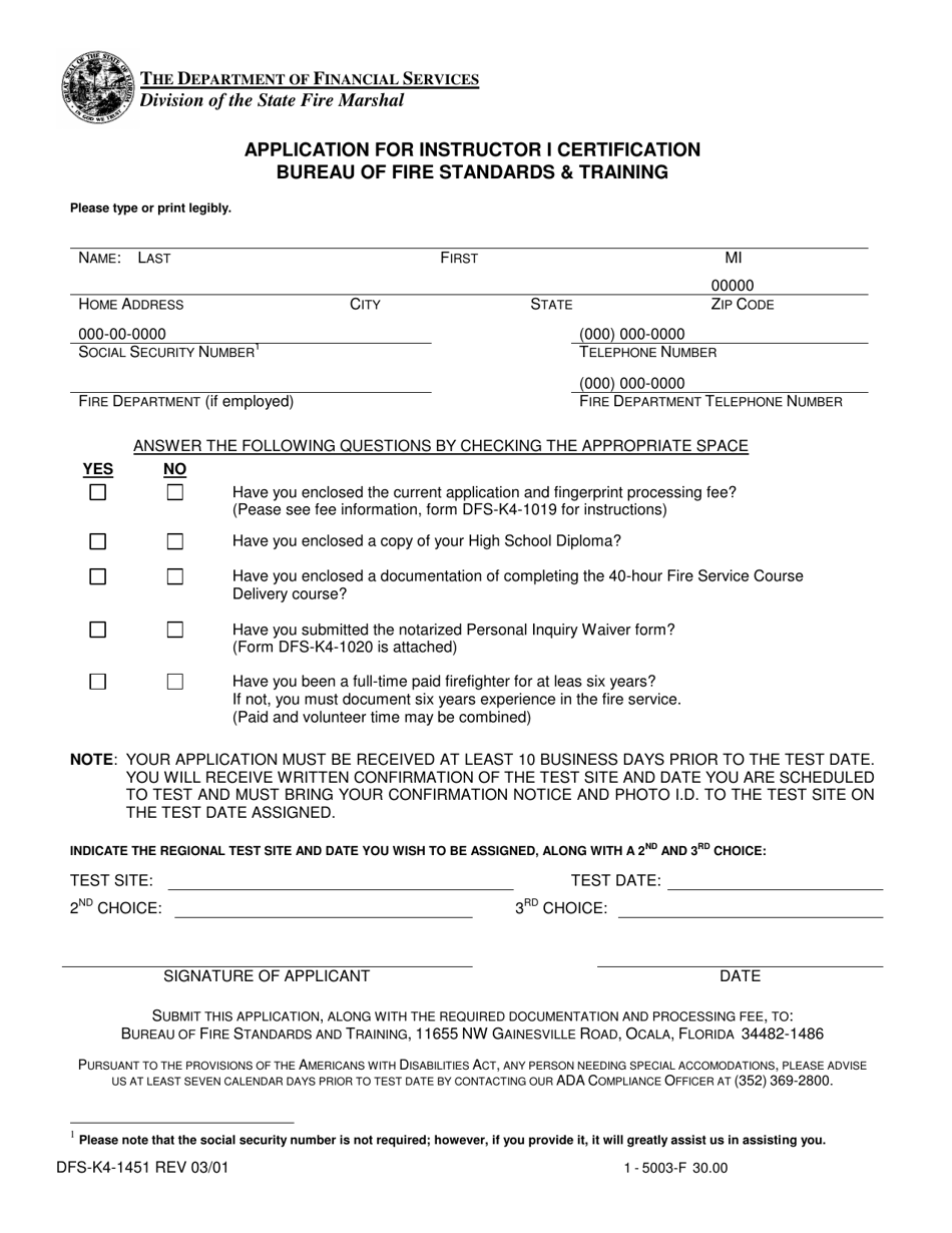 Form DFS-K4-1451 Application for Instructor I Certification - Florida, Page 1