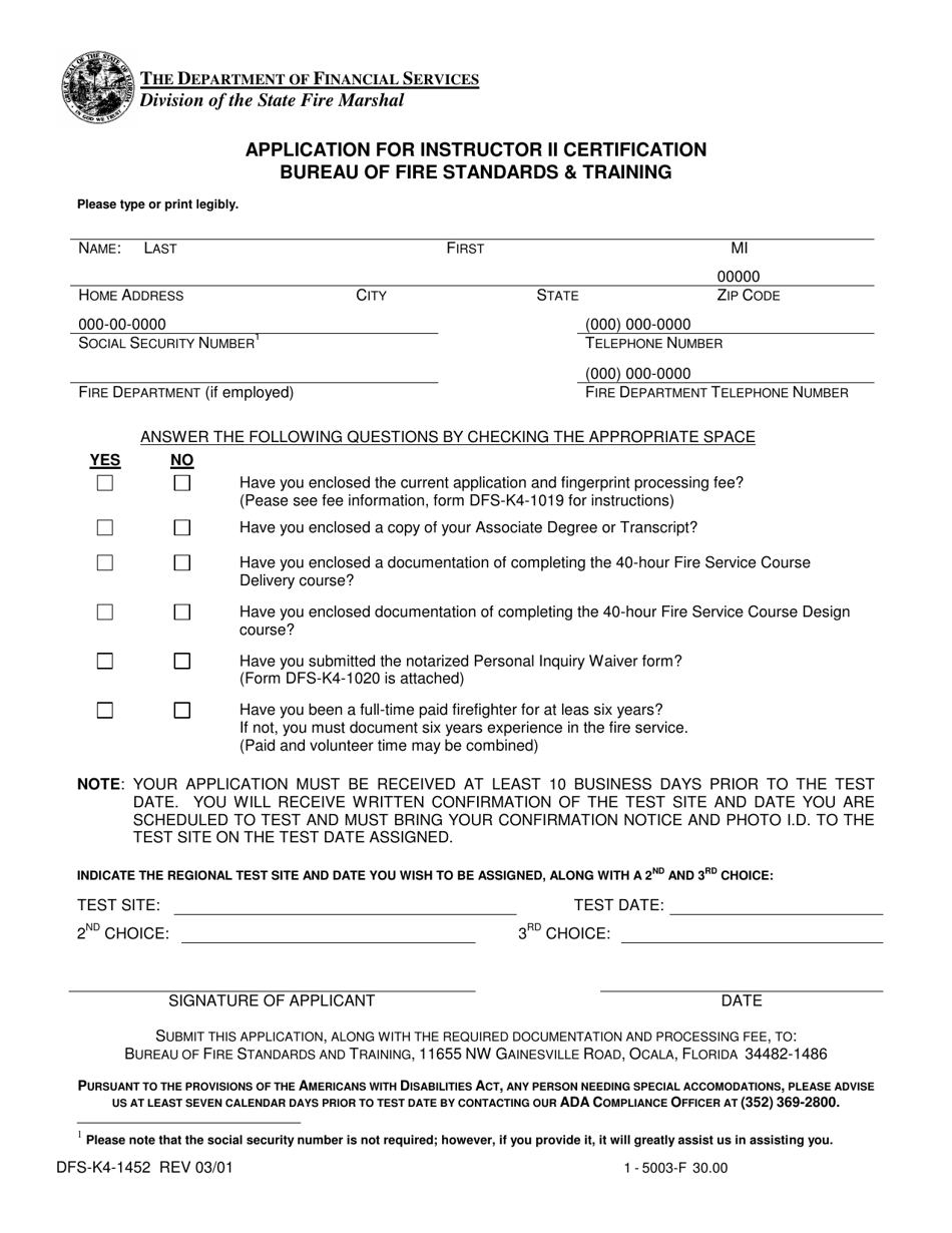 Form DFS-K4-1452 Application for Instructor II Certification - Florida, Page 1