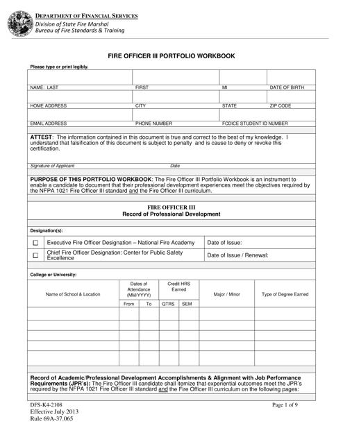 Form DFS-K4-2108 Fire Officer Iii Portfolio Workbook - Florida