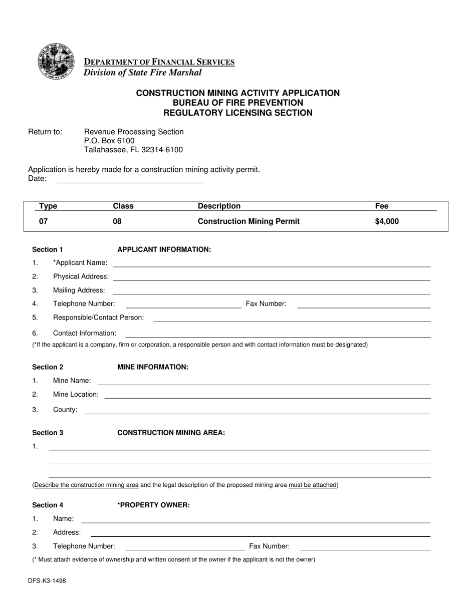 Form DFS-K3-1498 Construction Mining Activity Application - Florida, Page 1