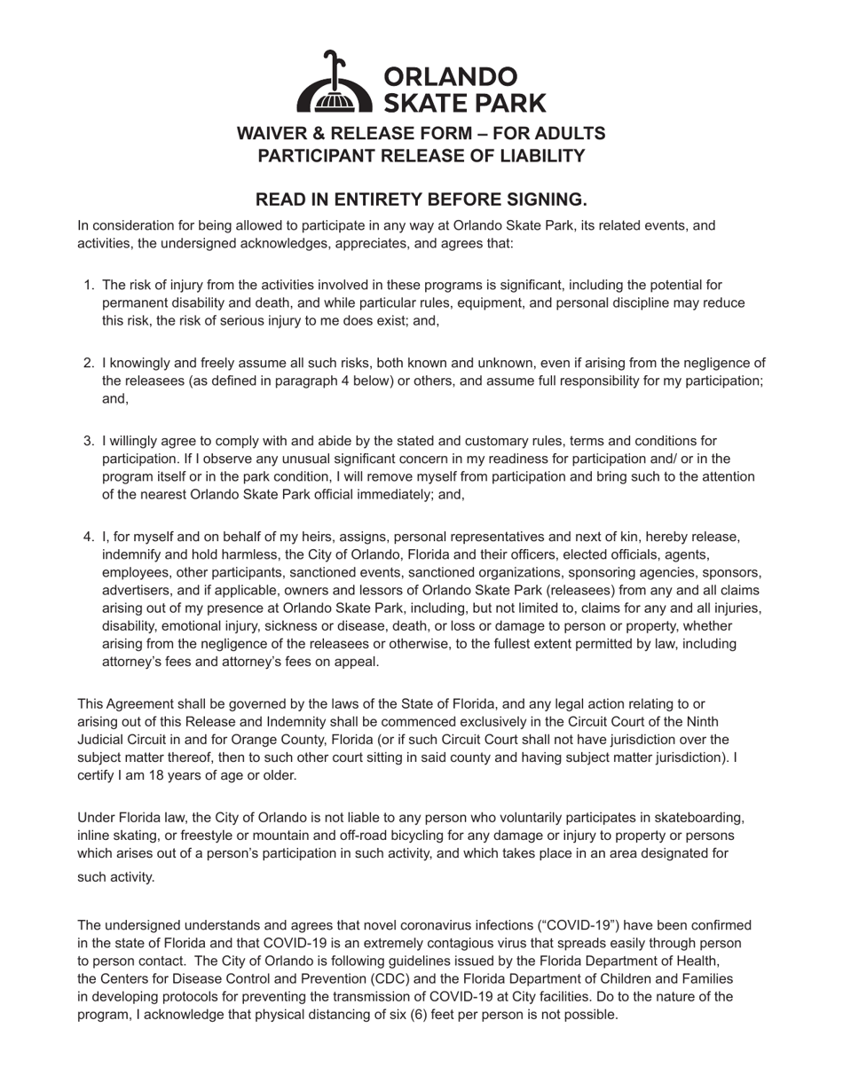 Waiver  Release Form - for Adults Participant Release of Liability - City of Orlando, Florida, Page 1