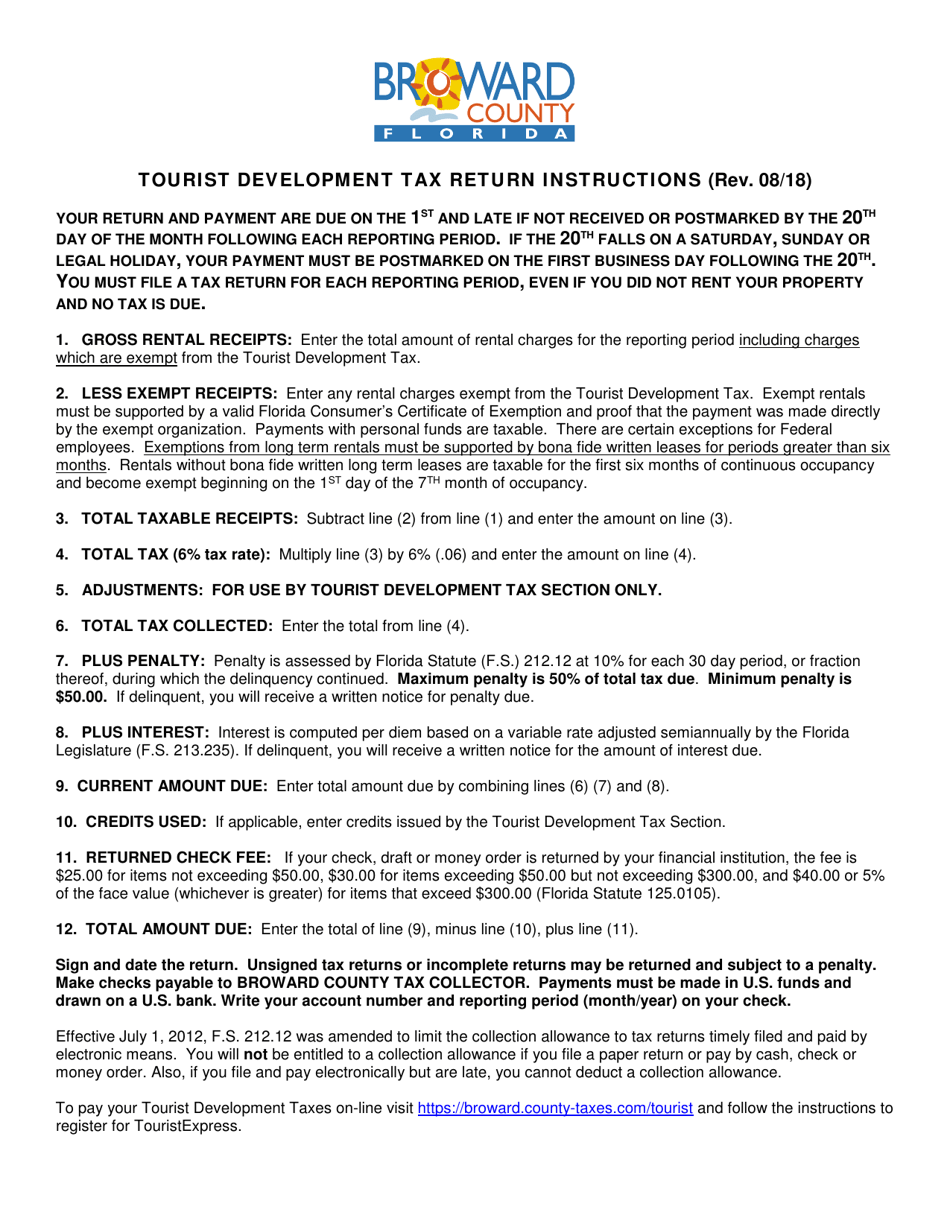 Instructions for Tourist Development Tax Return - Broward County, Florida, Page 1