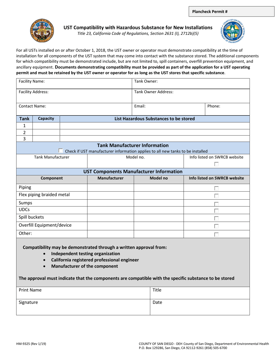 Form HM-9325 Ust Compatibility With Hazardous Substance for New Installations - County of San Diego, California, Page 1