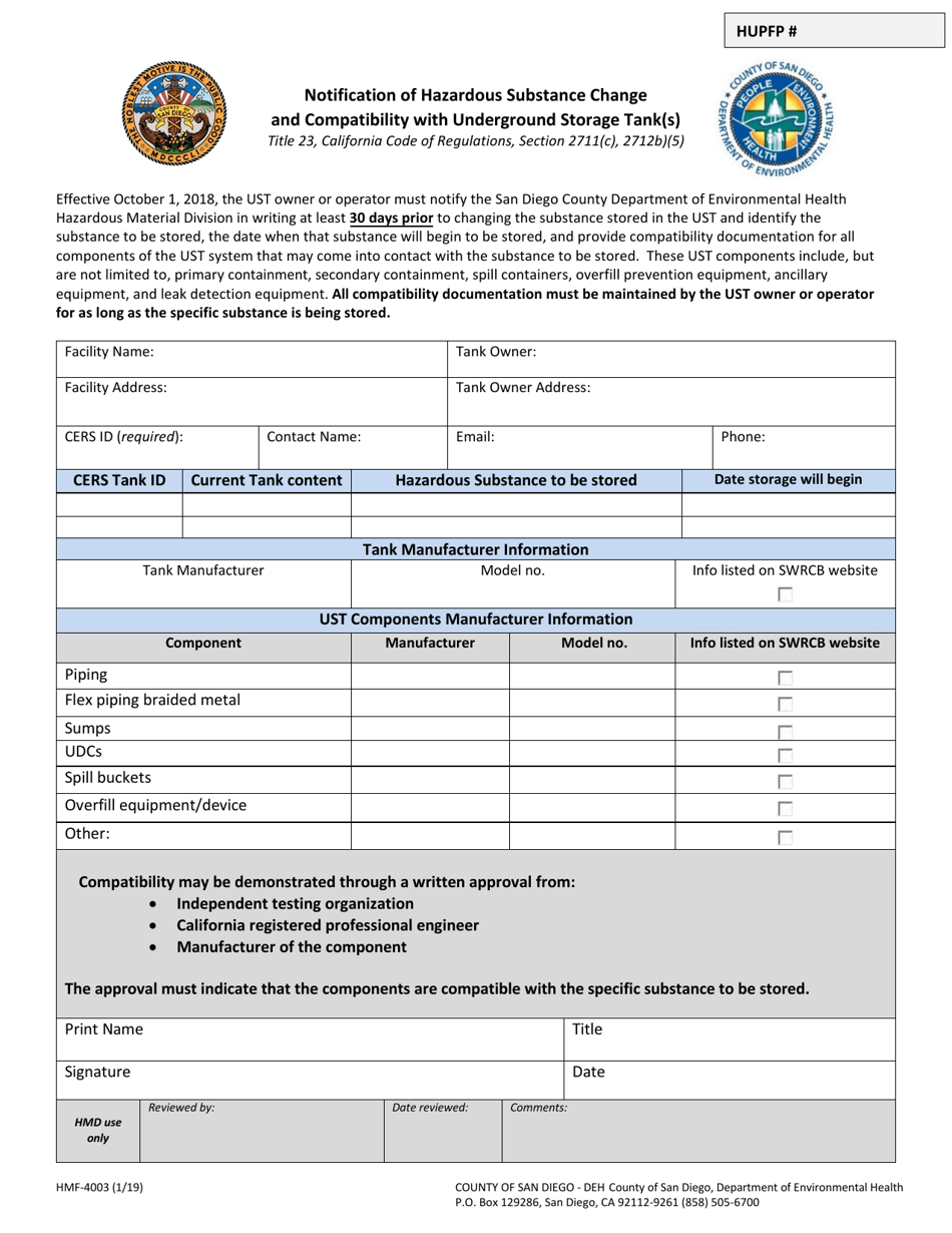 Form HMF-4003 Notification of Hazardous Substance Change and Compatibility With Underground Storage Tank(S) - County of San Diego, California, Page 1