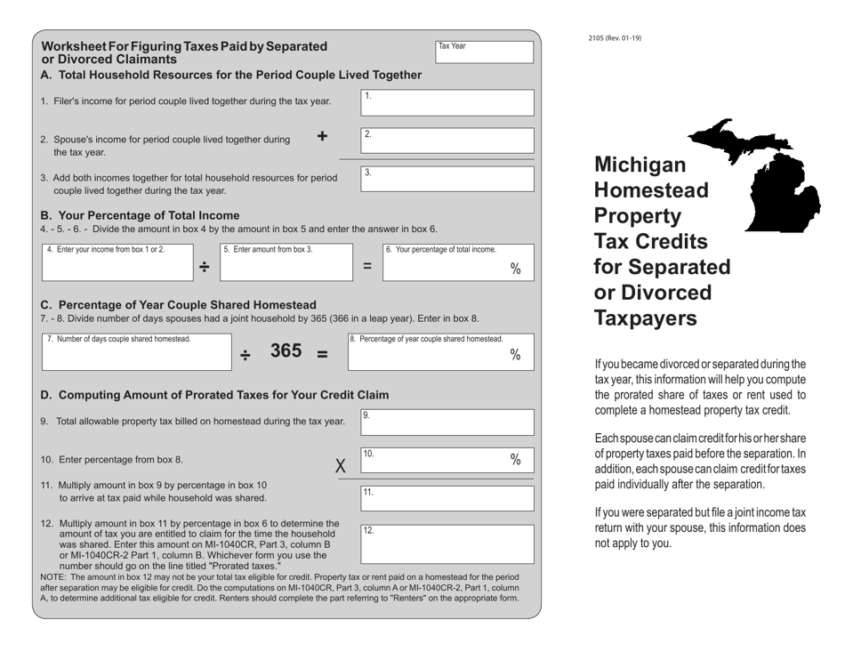 Form 2105 Michigan Homestead Property Tax Credits for Separated or Divorced Taxpayers - Michigan, Page 1