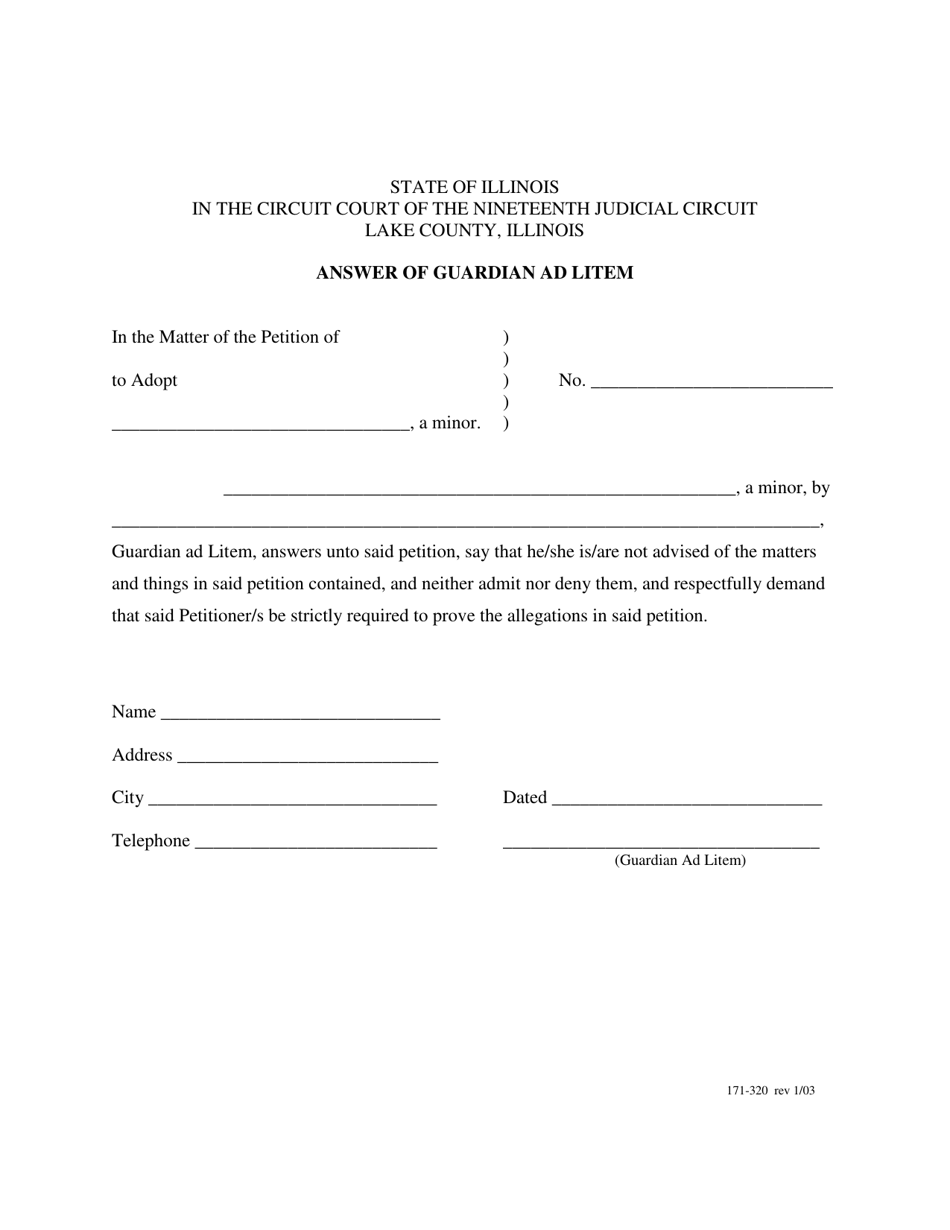 Form 171-320 Answer of Guardian Ad Litem - Lake County, Illinois, Page 1