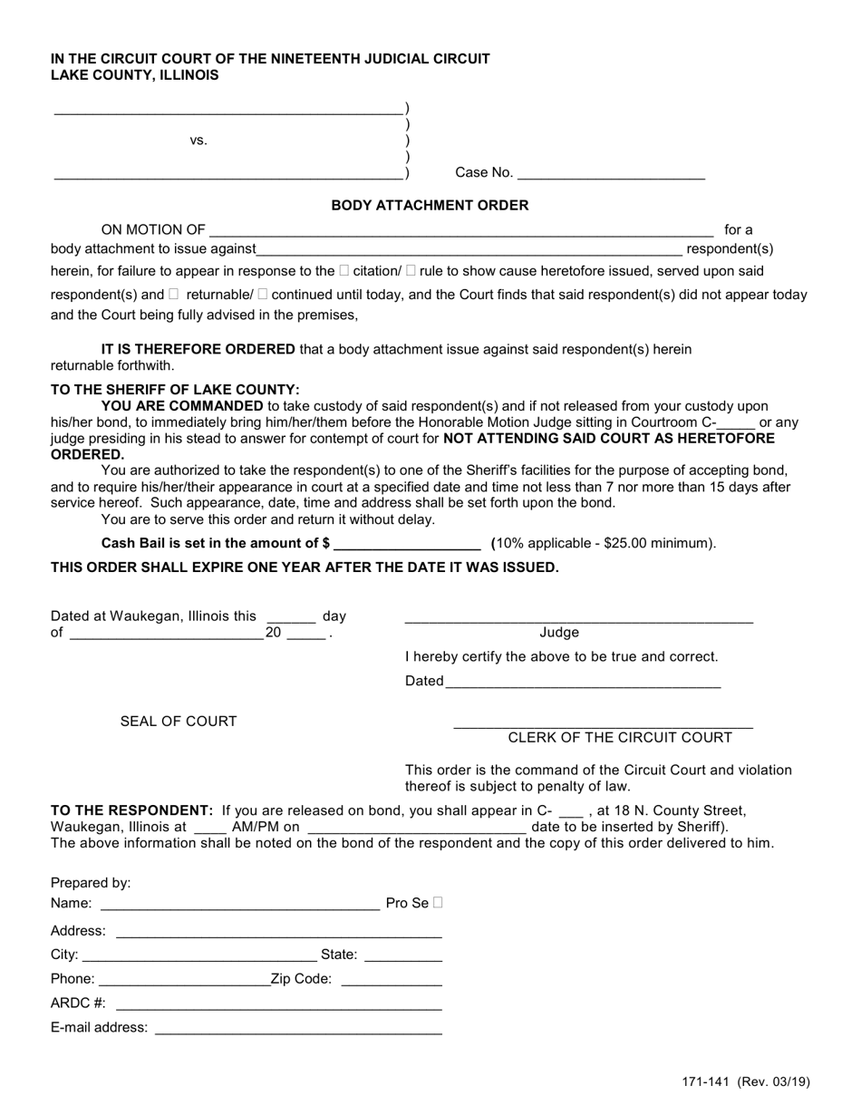 Form 171-141 Body Attachment Order - Lake County, Illinois, Page 1