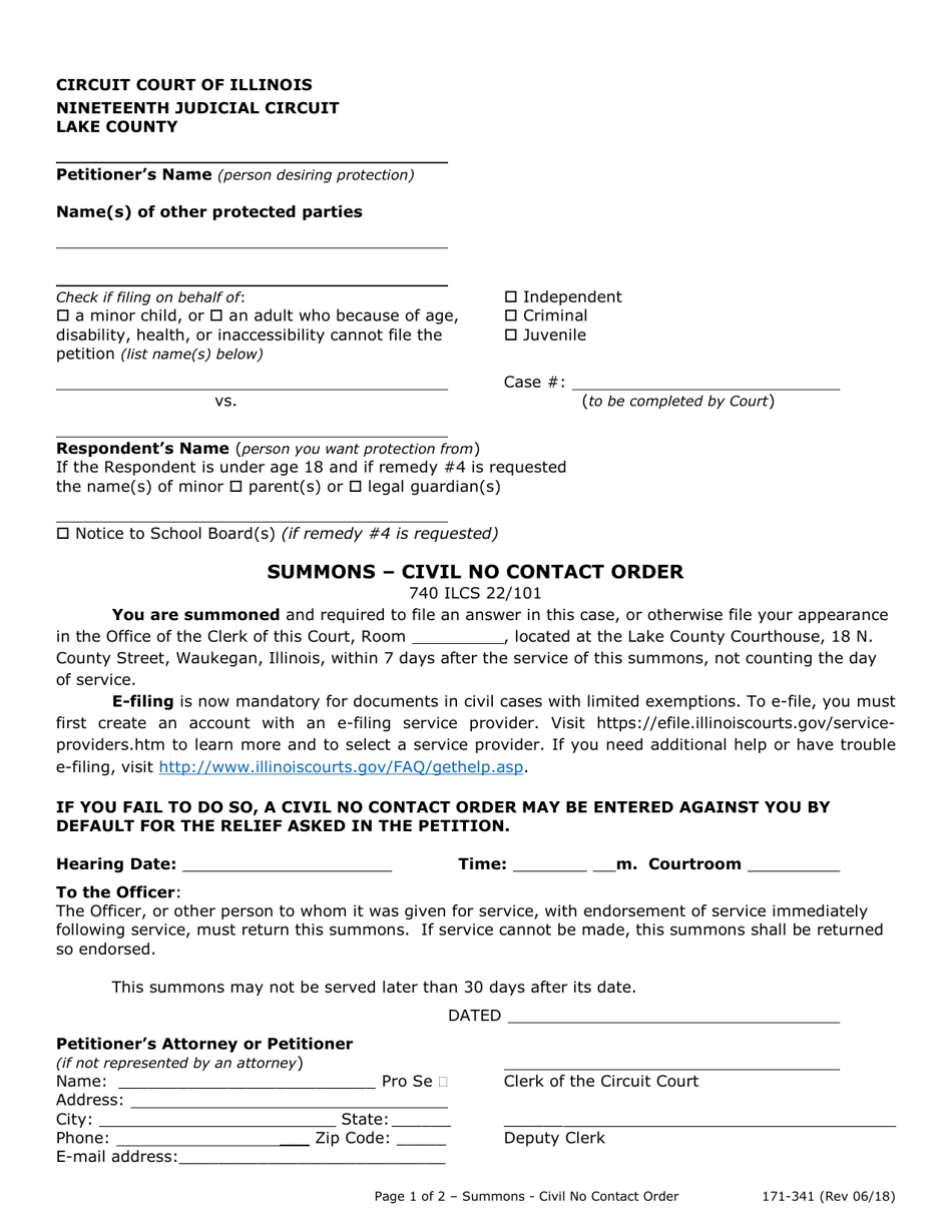 Form 171-341 Summons - Civil No Contact Order - Lake County, Illinois, Page 1