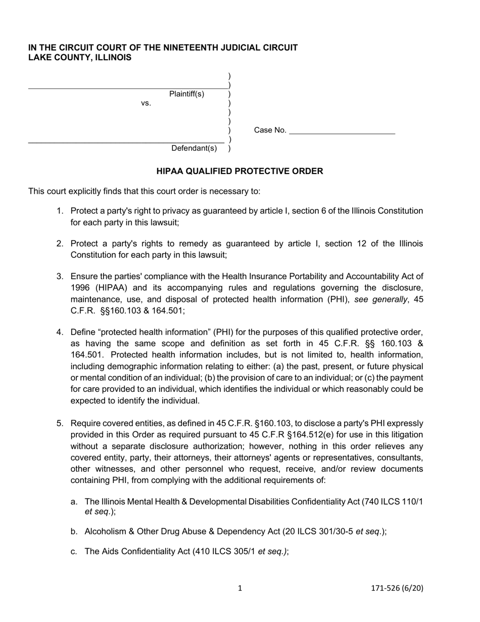 Form 171-526 HIPAA Qualified Protective Order - Lake County, Illinois, Page 1