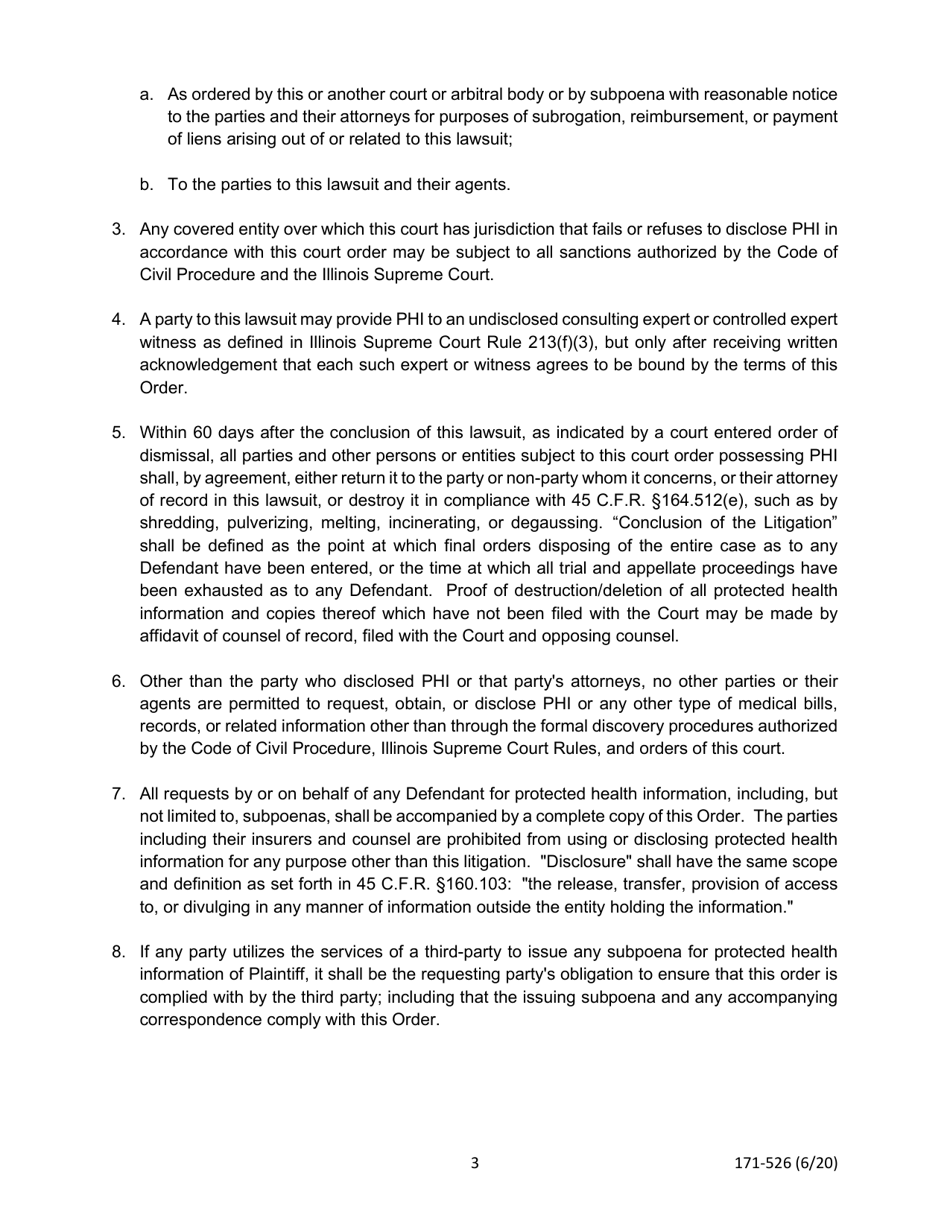 Form 171-526 HIPAA Qualified Protective Order - Lake County, Illinois, Page 3