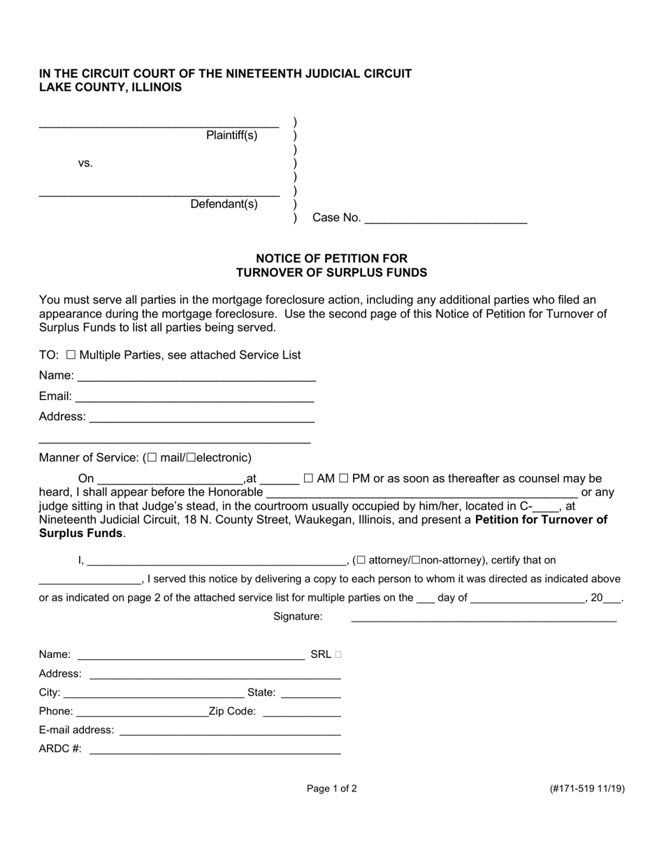 Form 171-519 Notice of Petition for Turnover of Surplus Funds - Lake County, Illinois, Page 1