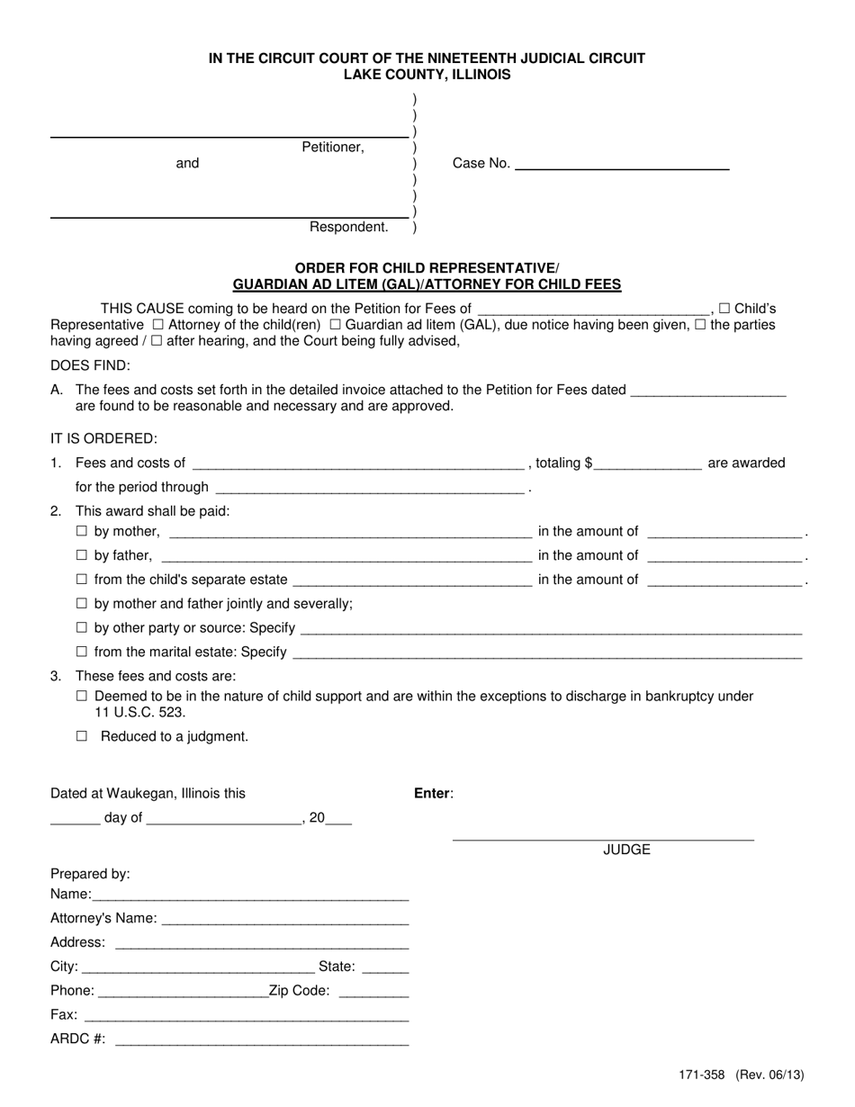 Form 171-358 Order for Child Representative / Guardian Ad Litem (Gal) / Attorney for Child Fees - Lake County, Illinois, Page 1