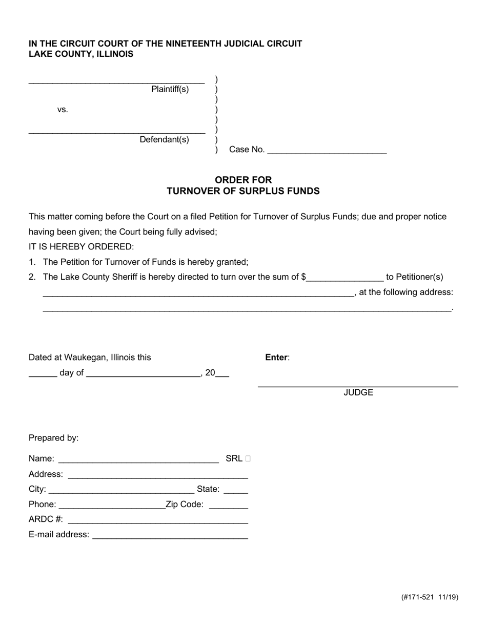 Form 171-521 Order for Turnover of Surplus Funds - Lake County, Illinois, Page 1