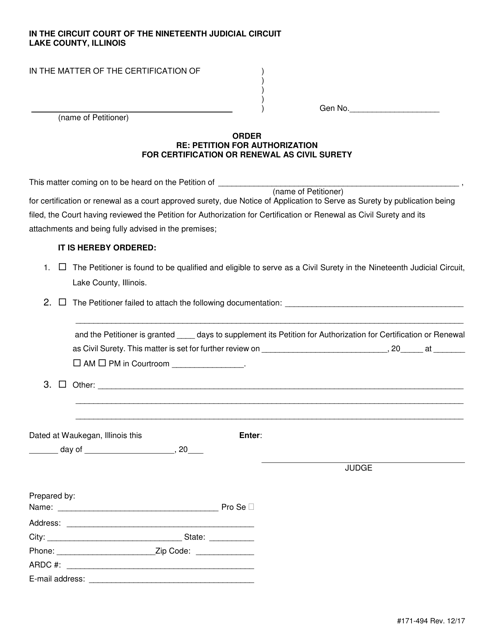 Form 171-494 Order Re: Petition for Authorization for Certification or Renewal as Civil Surety - Lake County, Illinois